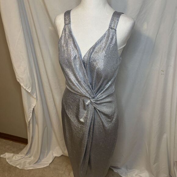 Eliza J Metallic Silver Twist Front Cocktail Maxi Dress Womens Designer Stylish - Picture 3 of 7